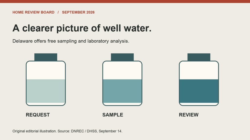 Original editorial illustration of three water sample bottles beside the steps request, sample and review; not a photograph of laboratory testing.