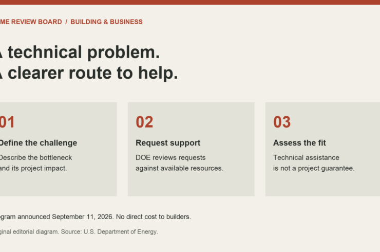 Editorial process diagram: define a construction challenge, request DOE technical support, and assess whether the assistance fits the project.
