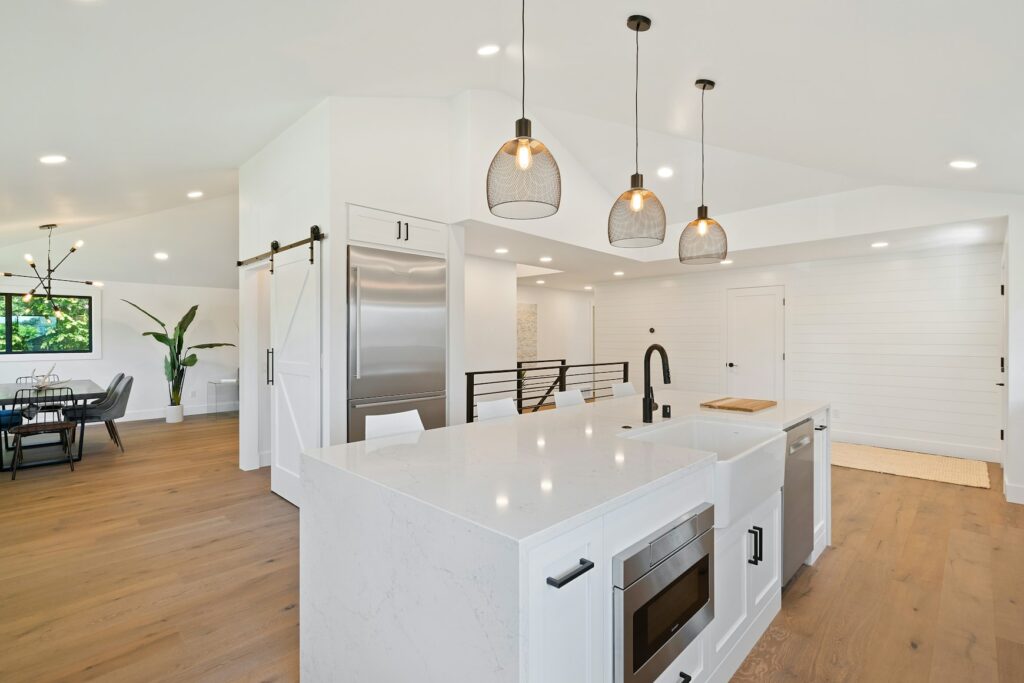 Pendant lights over a kitchen island