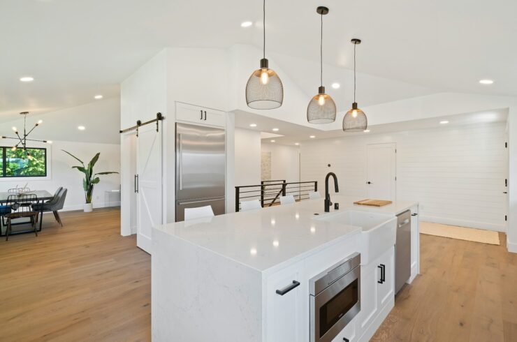 Pendant lights over a kitchen island