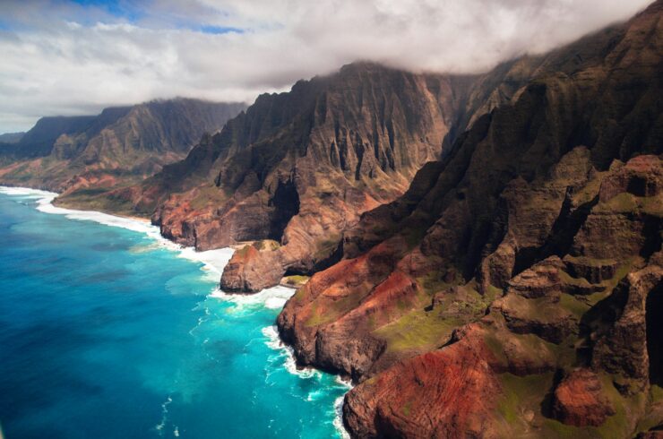 Green mountain ridges along a coastline