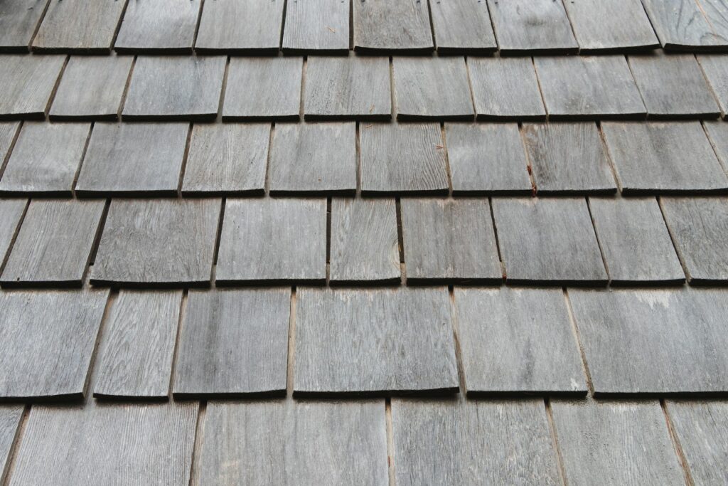 Weathered cedar shingles on a roof