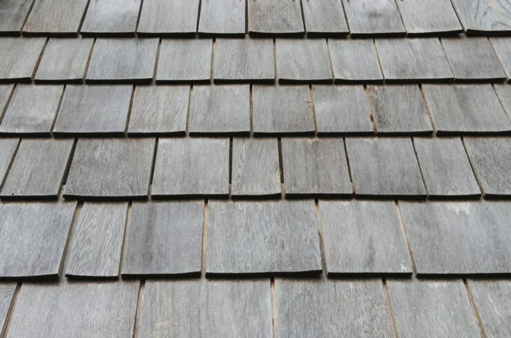 Weathered cedar shingles on a roof